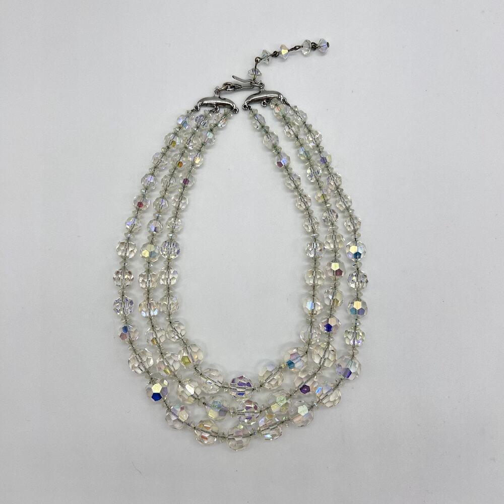 Vintage Beaded Necklace Faceted Crystal Iridescent Rhinestone Triple Strand